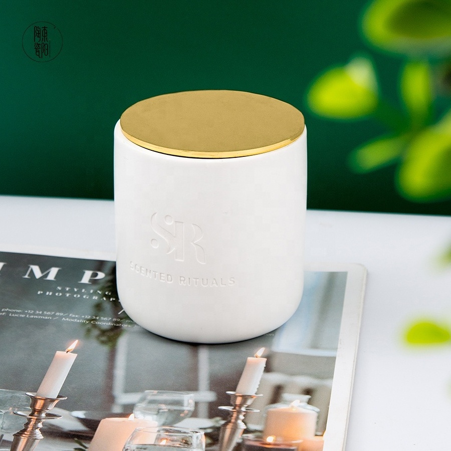 matte white luxury ceramic candle jar in bulk candle container with metal lid custom logo wholesale empty candle holder