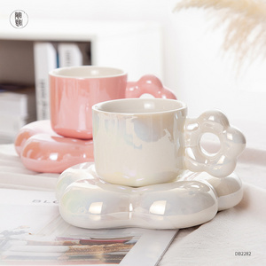 Wholesale custom light luxury pearl color porcelain flower shape dish ceramic coffee tea cups and saucer set gift