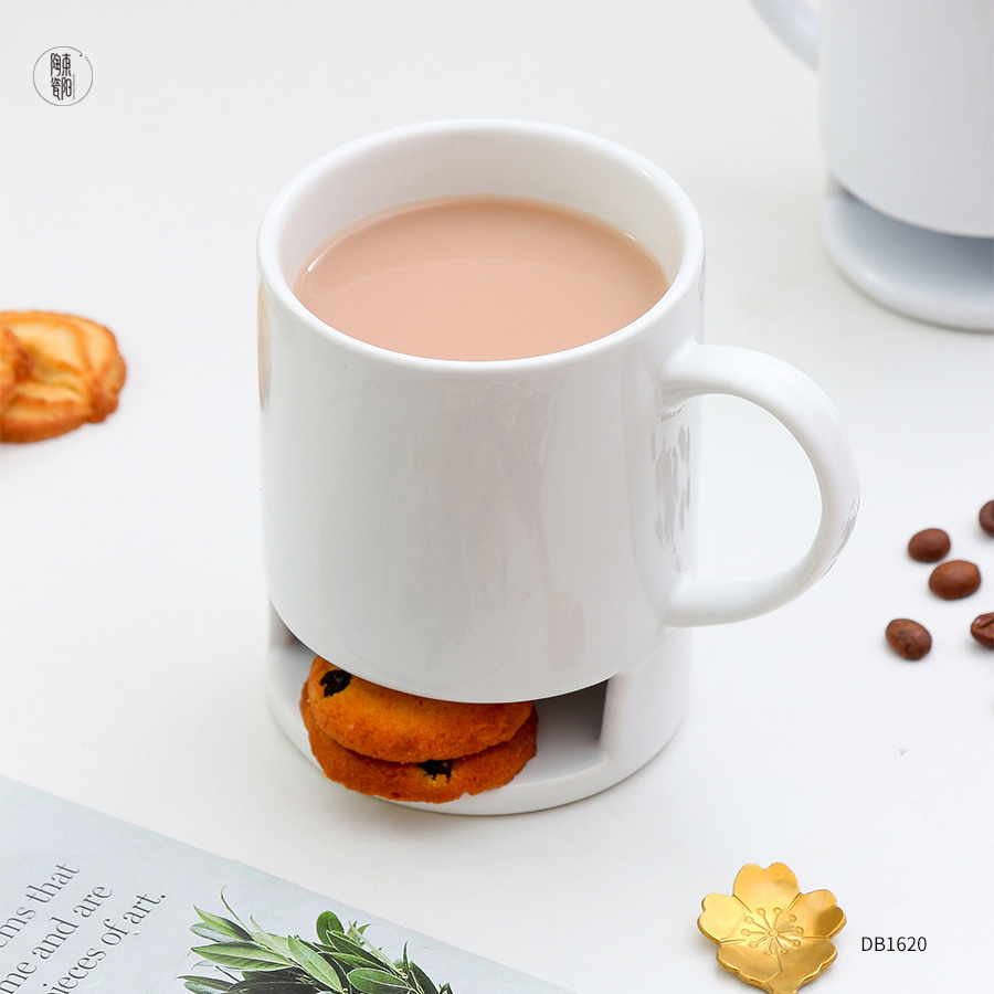 Wholesale ceramic cookie holder mug plain white breakfast milk coffee cookie cup biscuit coffee mugs