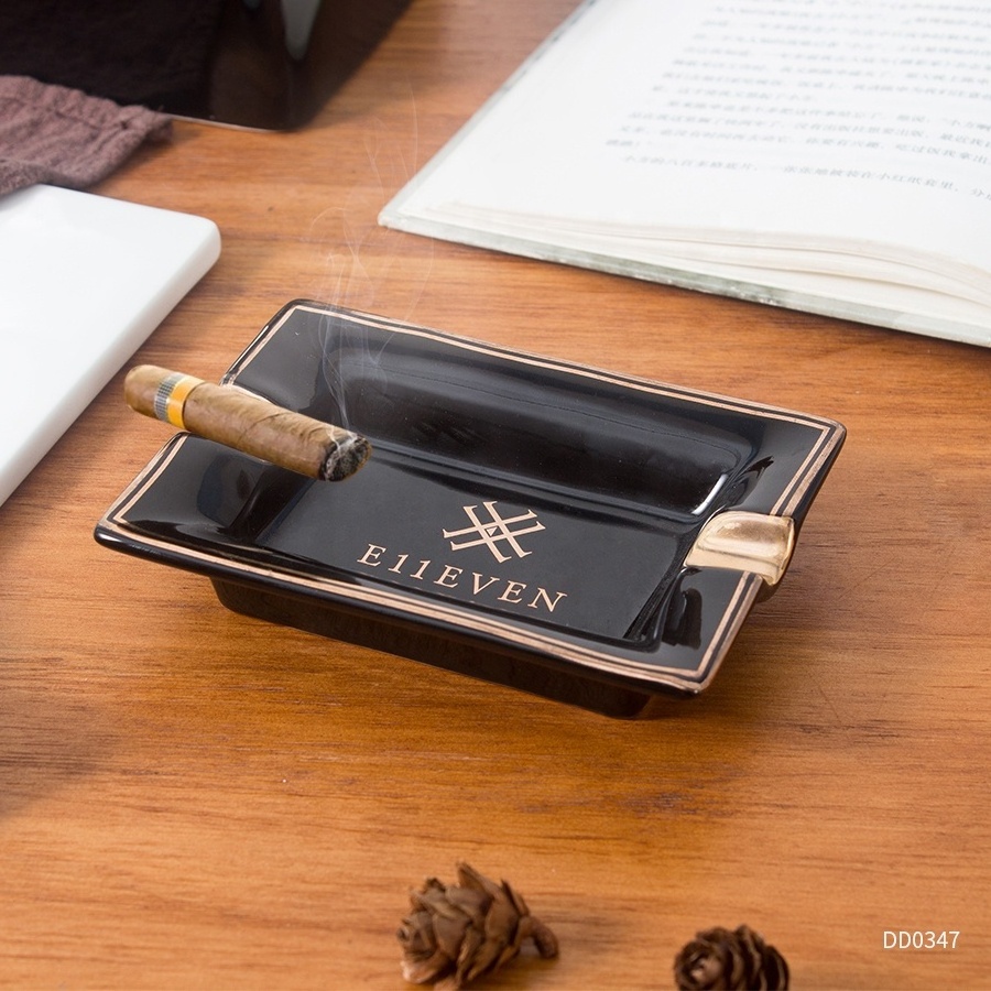 Factory portable black glazed rectangular gold foil rim decal wholesale small ceramic cigarette cigar ashtray with custom logo