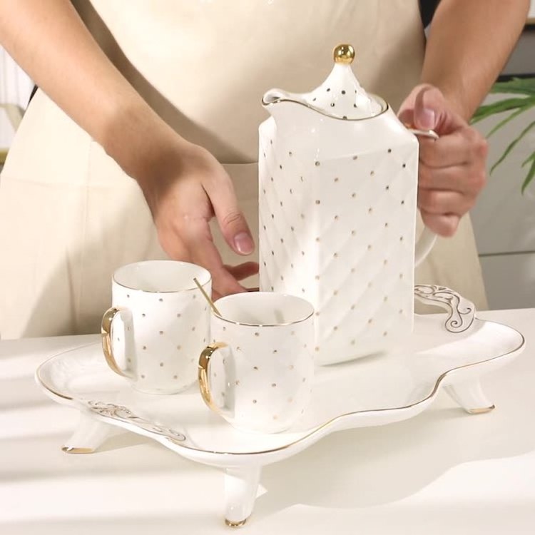 royal classic white and gold luxury afternoon tea cup set embossed coffee tea set with pot and tray