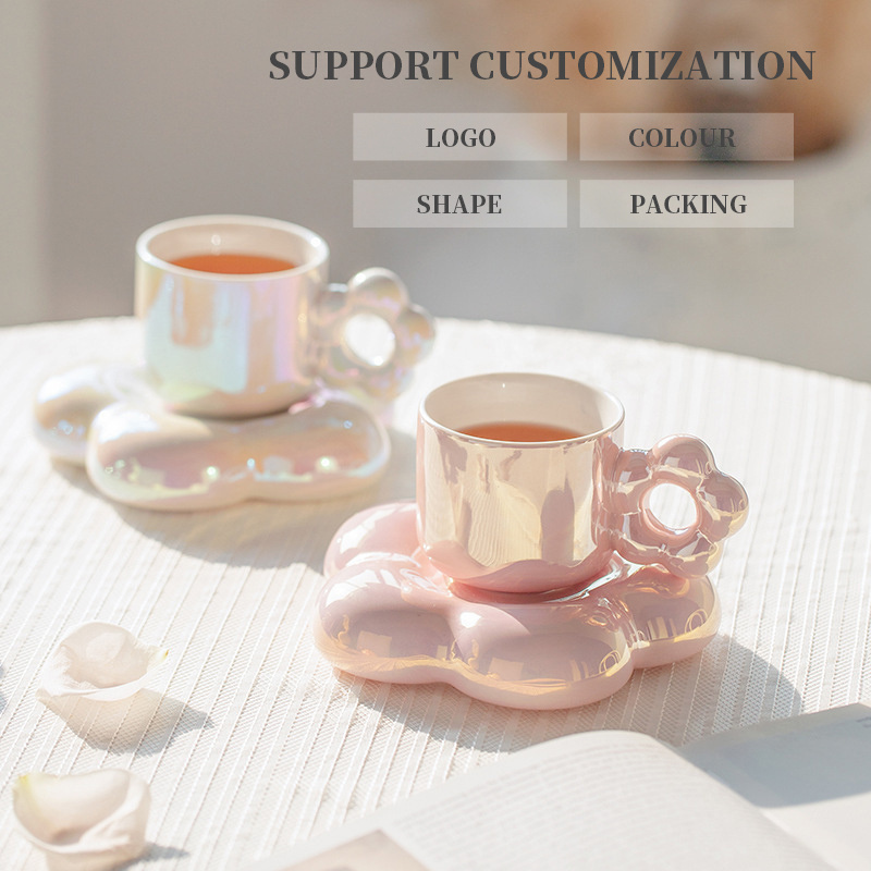 inductive rainbow color pearlescent mug gift cloud ceramic tea cup flowers coffee cups and saucer set