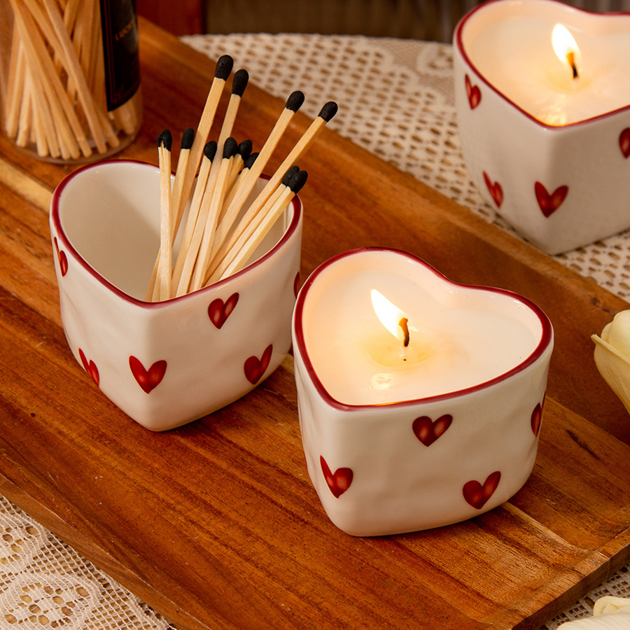 Cute heart shaped custom couple ceramic candle jar For Wedding decor Gift Unique ceramic love candle jars