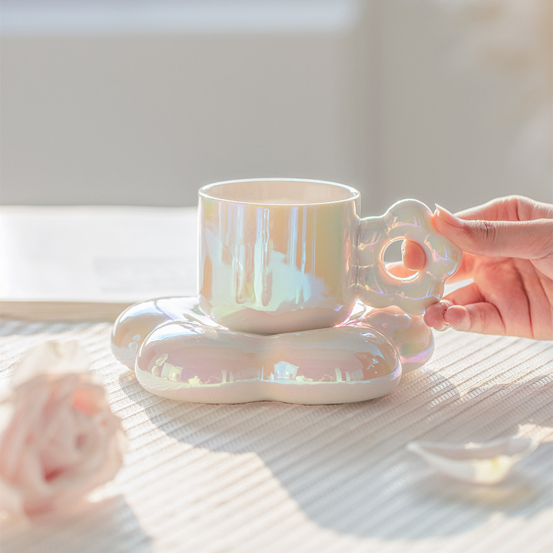 inductive rainbow color pearlescent mug gift cloud ceramic tea cup flowers coffee cups and saucer set