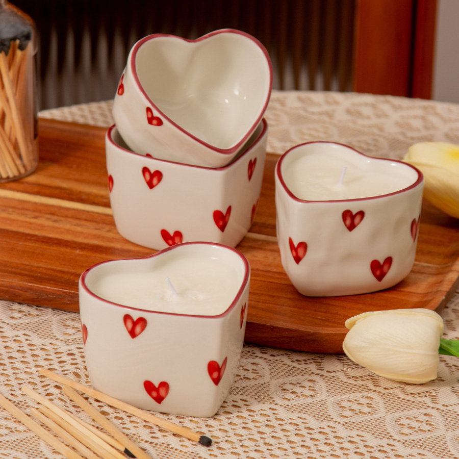 Cute heart shaped custom couple ceramic candle jar For Wedding decor Gift Unique ceramic love candle jars