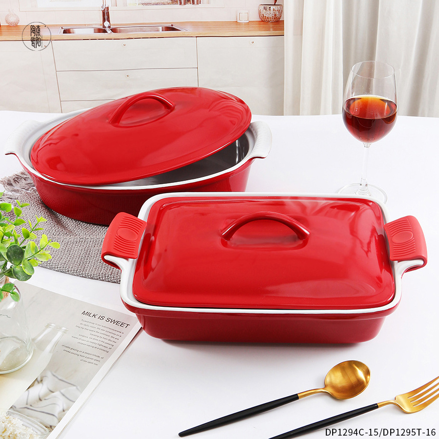 Stoneware Red Rectangular Oval Casserole Dish Set Ceramic Baking Dishes & Pans Tray Large Baking Ware Bakeware with Lid