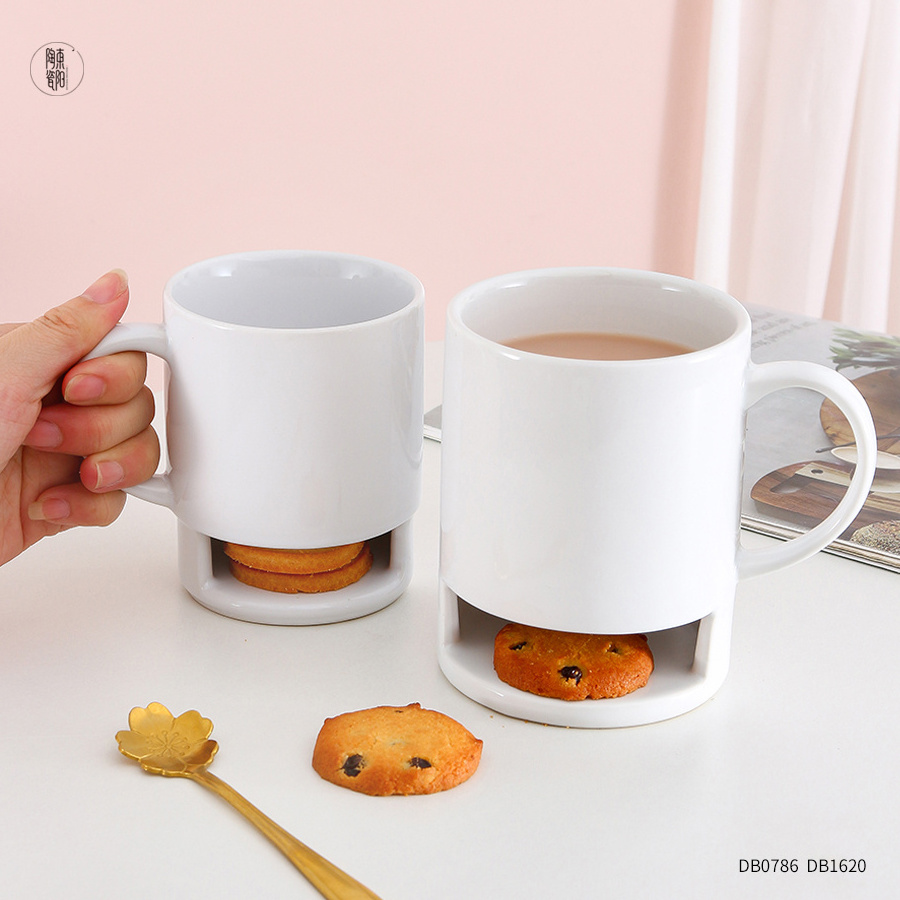 Wholesale ceramic cookie holder mug plain white breakfast milk coffee cookie cup biscuit coffee mugs