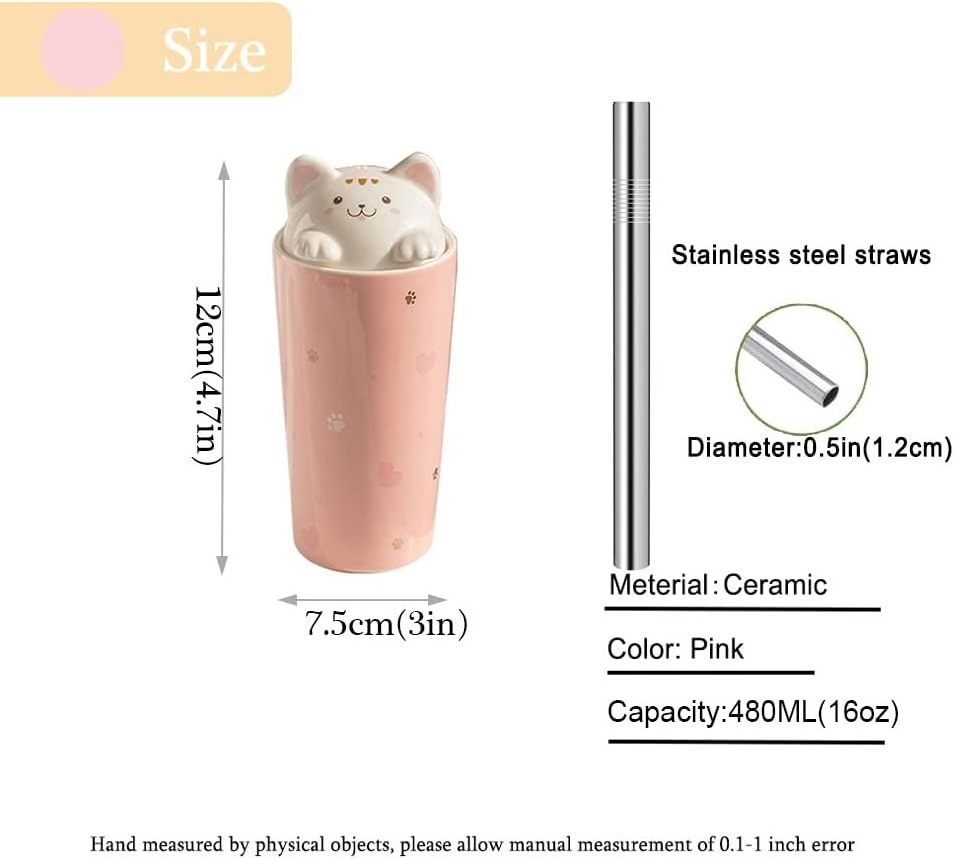 480ML Pink Cat Coffee Mug with Straw Ceramic Travel Cup with 3D kitty Lid Milk Bubble Tea Coffee Office Christmas Mug