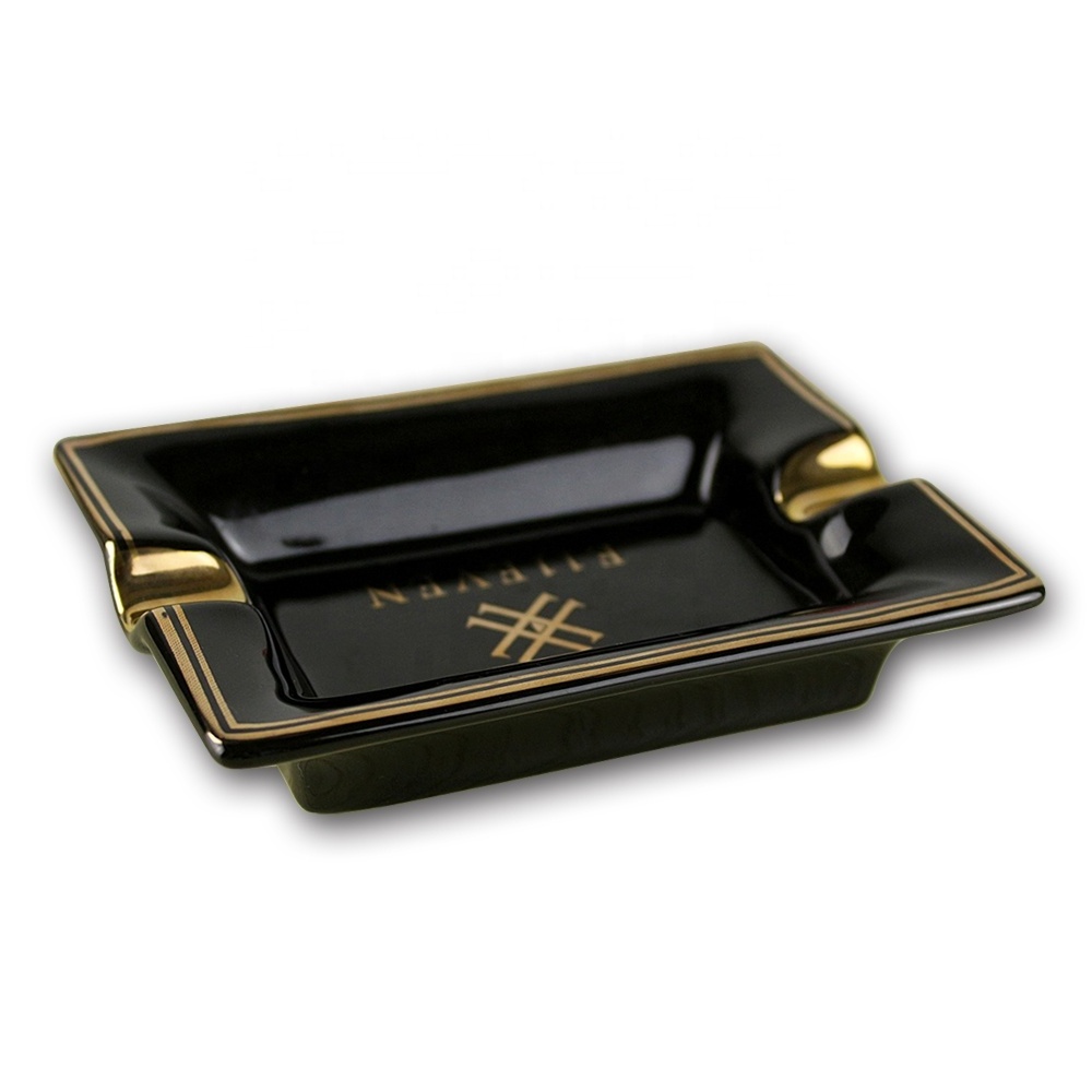 Factory portable black glazed rectangular gold foil rim decal wholesale small ceramic cigarette cigar ashtray with custom logo