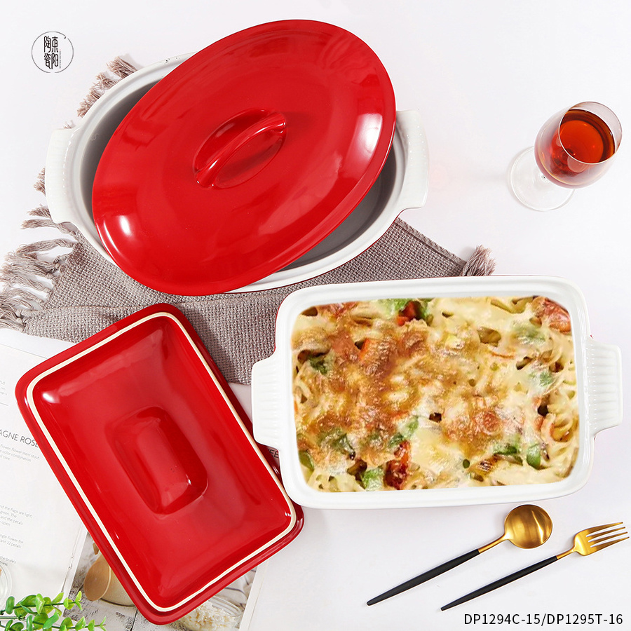 Stoneware Red Rectangular Oval Casserole Dish Set Ceramic Baking Dishes & Pans Tray Large Baking Ware Bakeware with Lid