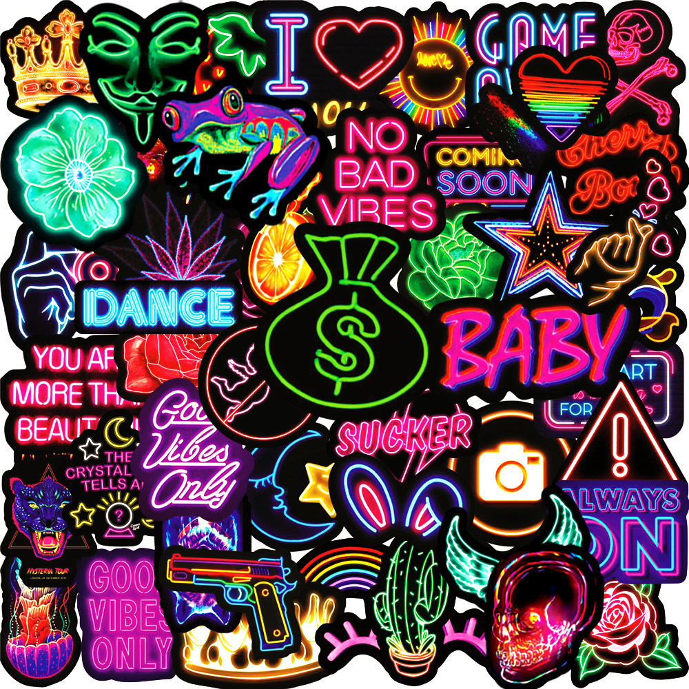 50pcs Cool Neon Light Sticker For Girl Notebook Diary Fridge Table Furniture Room Decor Laptop Stickers