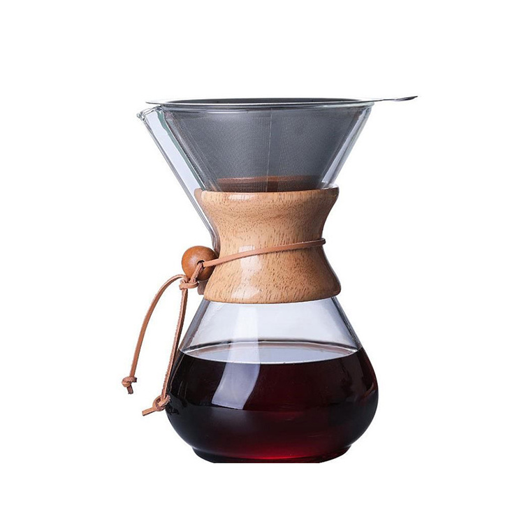 Yoshan 400ml 600ml 800ml big/small size single use hot sale classic anti scald chemex coffee glass with wooden handle