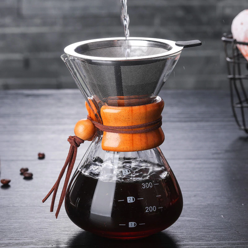 Yoshan 400ml 600ml 800ml big/small size single use hot sale classic anti scald chemex coffee glass with wooden handle