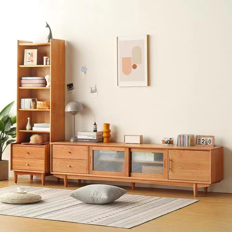 Modern nordic style living room furniture solid oak wood storage TV stand cabinets