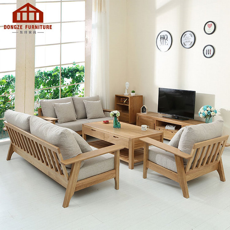 Modern Solid Wood Frame Oak Wide Armrest Sofa Korean Style Living Room Furniture