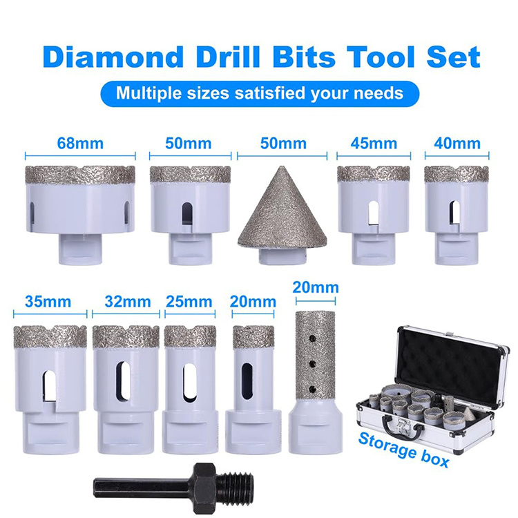 11PCS 5/8-11 Diamond Core Drill Bit Kit 20/25/32/35/40/45/50/68mm with 20mm Finger Bits+2