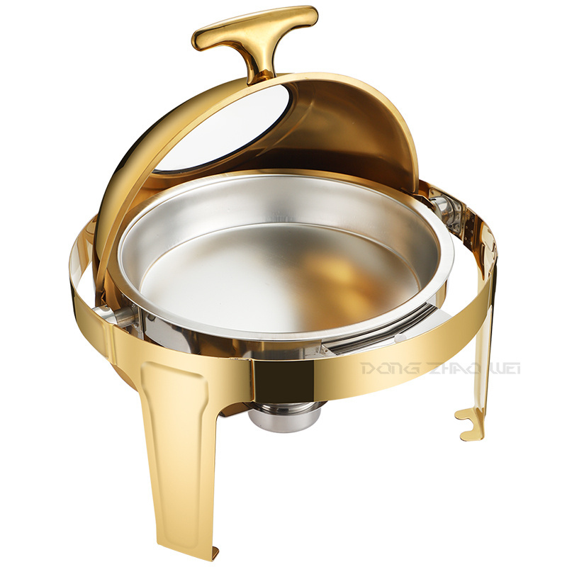 Hotel Buffet Thermal Food Warmer Golden Food Warmer Set Hotel Stainless Steel 6L Round Roll Top Chafing Dishes