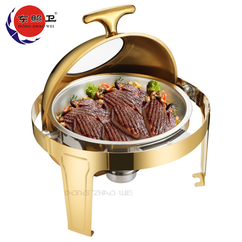 Hotel Buffet Thermal Food Warmer Golden Food Warmer Set Hotel Stainless Steel 6L Round Roll Top Chafing Dishes