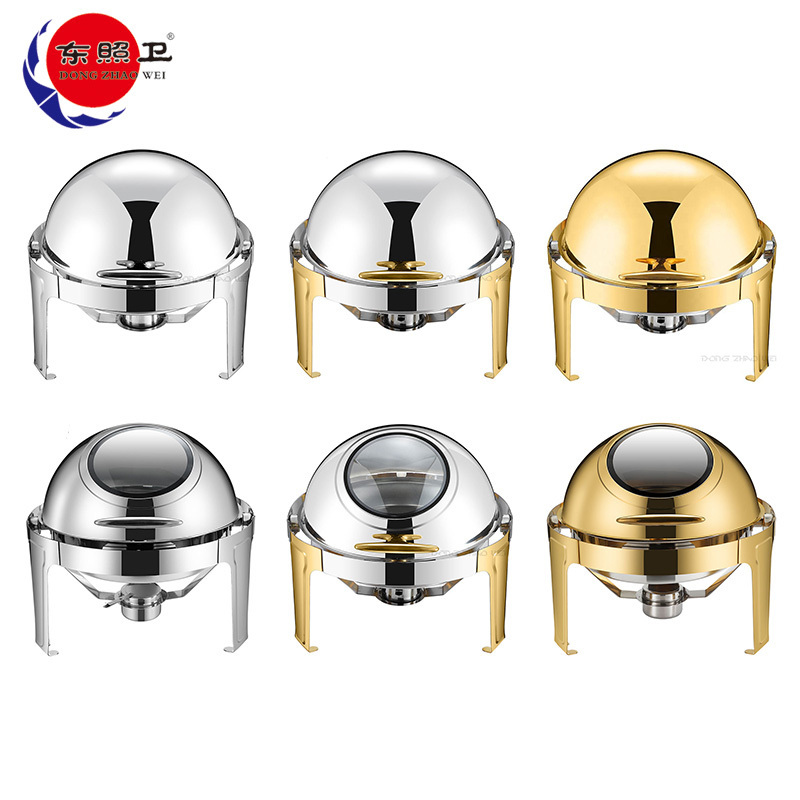 Hotel Buffet Thermal Food Warmer Golden Food Warmer Set Hotel Stainless Steel 6L Round Roll Top Chafing Dishes