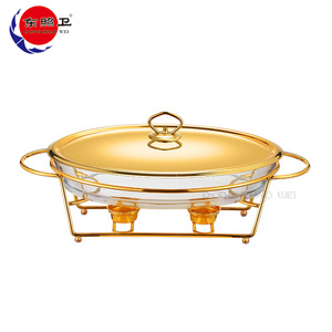 Oval Gold Chafing Dishes Buffet Soup Pots Heating Catering Equipment Glass Food Warmer Casserole  Stockpots With Stand And Lid