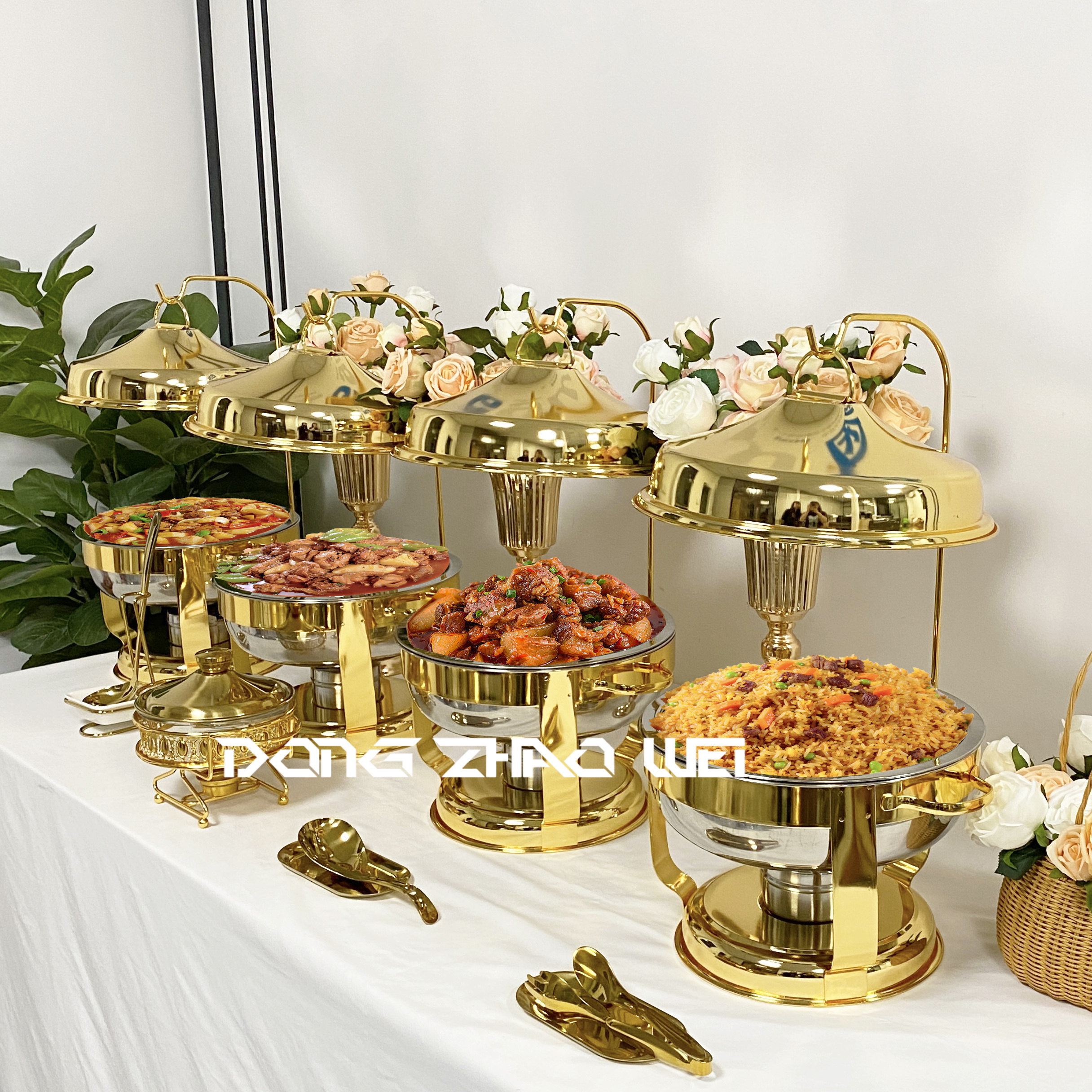 Hotel Wedding Banquet 4.5L~9.0L Stainless Steel Food Warmer Gold and Silver Buffet Alcohol Heating Round Chafing Dish