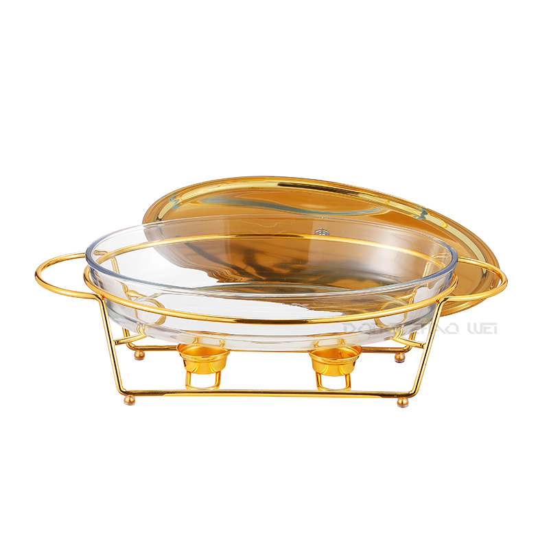 Oval Gold Chafing Dishes Buffet Soup Pots Heating Catering Equipment Glass Food Warmer Casserole  Stockpots With Stand And Lid