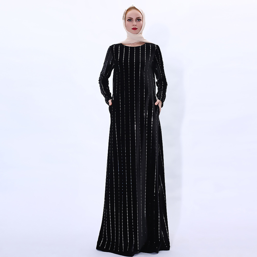 Women's Luxury Velvet  Long sleeve Muslim Women's Warm Dress Islamic Clothing  With Pocket Abaya