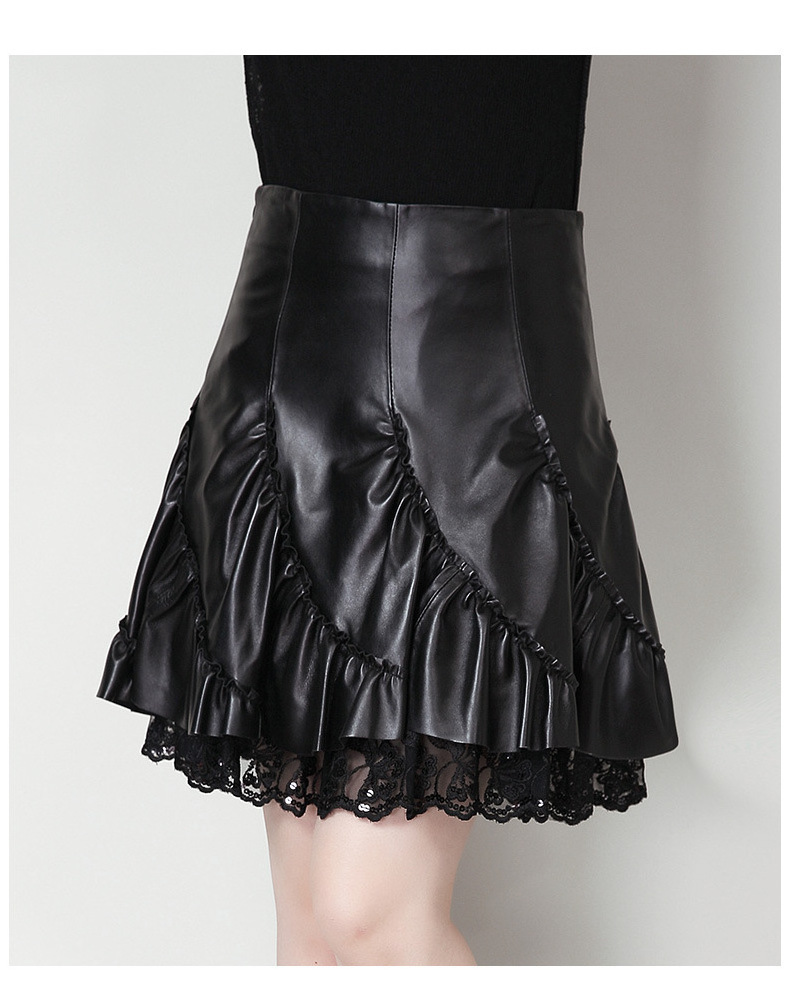 Genuine leather mini skirt puffy umbrella sheepskin pleated skirt leather skirt for women sexy