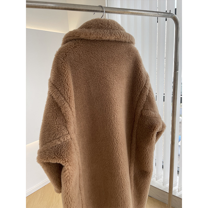 Silhouette mid-length grain alpaca sheared teddy bear coat faux fur coat women