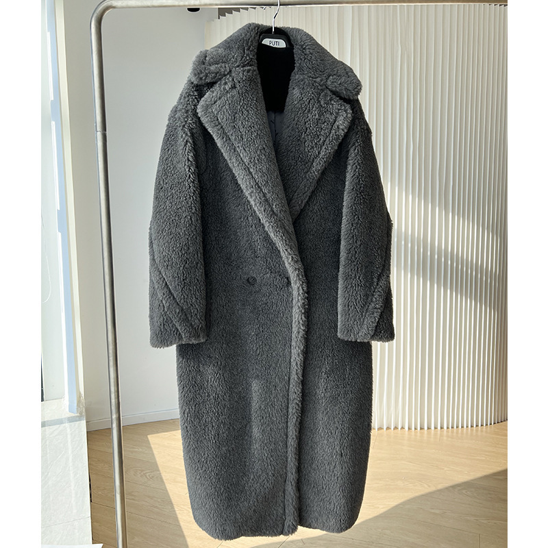 Silhouette mid-length grain alpaca sheared teddy bear coat faux fur coat women