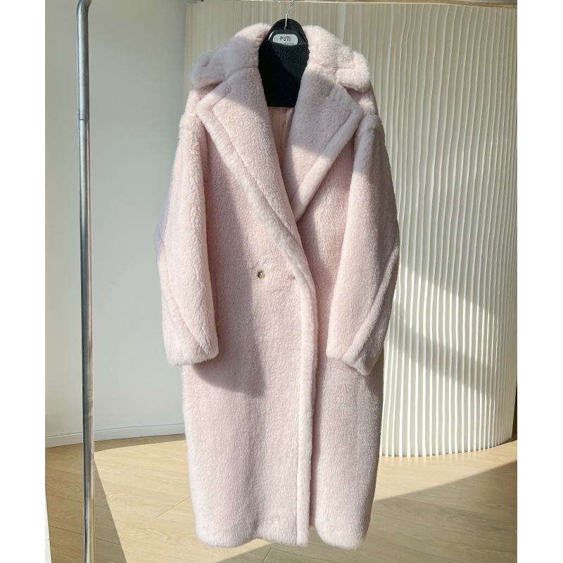 Silhouette mid-length grain alpaca sheared teddy bear coat faux fur coat women