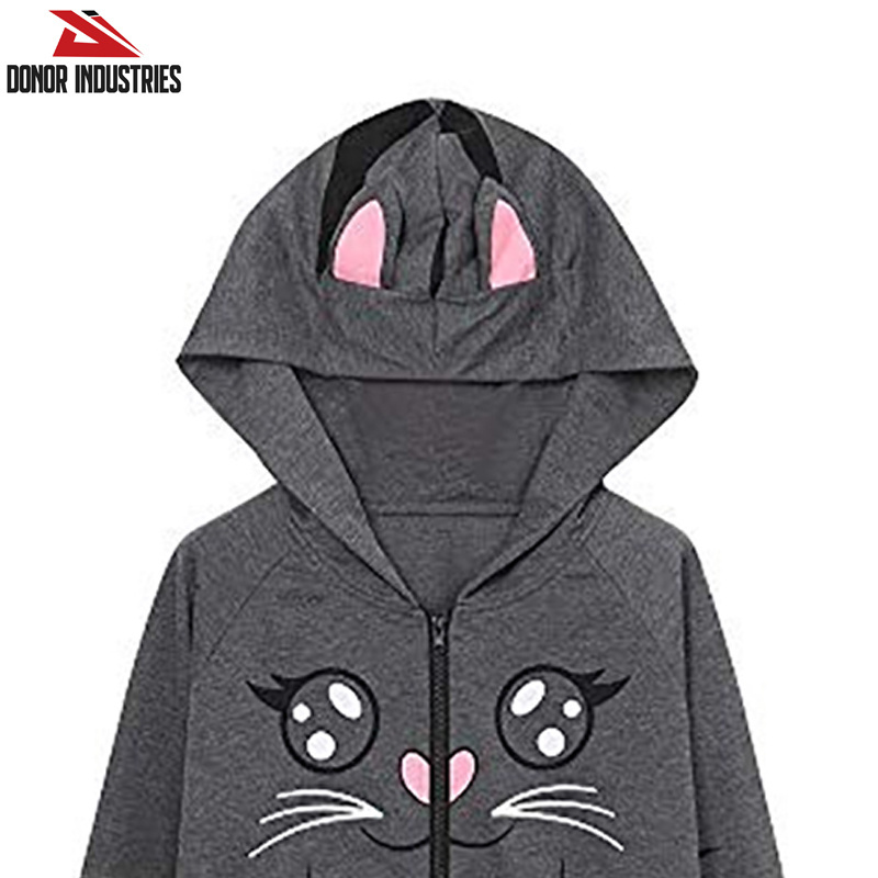 Girls Cat Ear Hoodie Cute Zip Up Kangaroo Pocket Hoodies