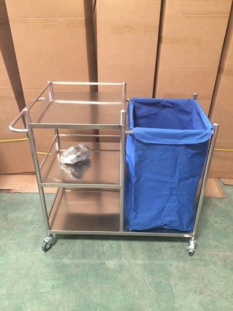 CE Passed Three Shevels Stainless Steel Medical Trolley Hospital Linen Trolley Cleaning Trolley