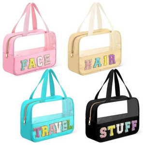 Embroidery Pvc Letter Cosmetic Bag Large Capacity Waterproof Travel Storage Bag Women Transparent Handheld Toilet Bag