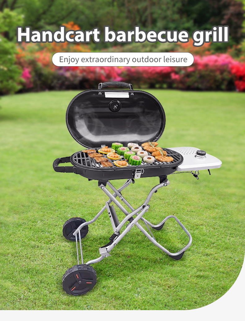 Commercial Korean Restaurant Stainless Steel Foldable Smokeless Portable Charcoal wheel barbeque grill outdoor gas trolley