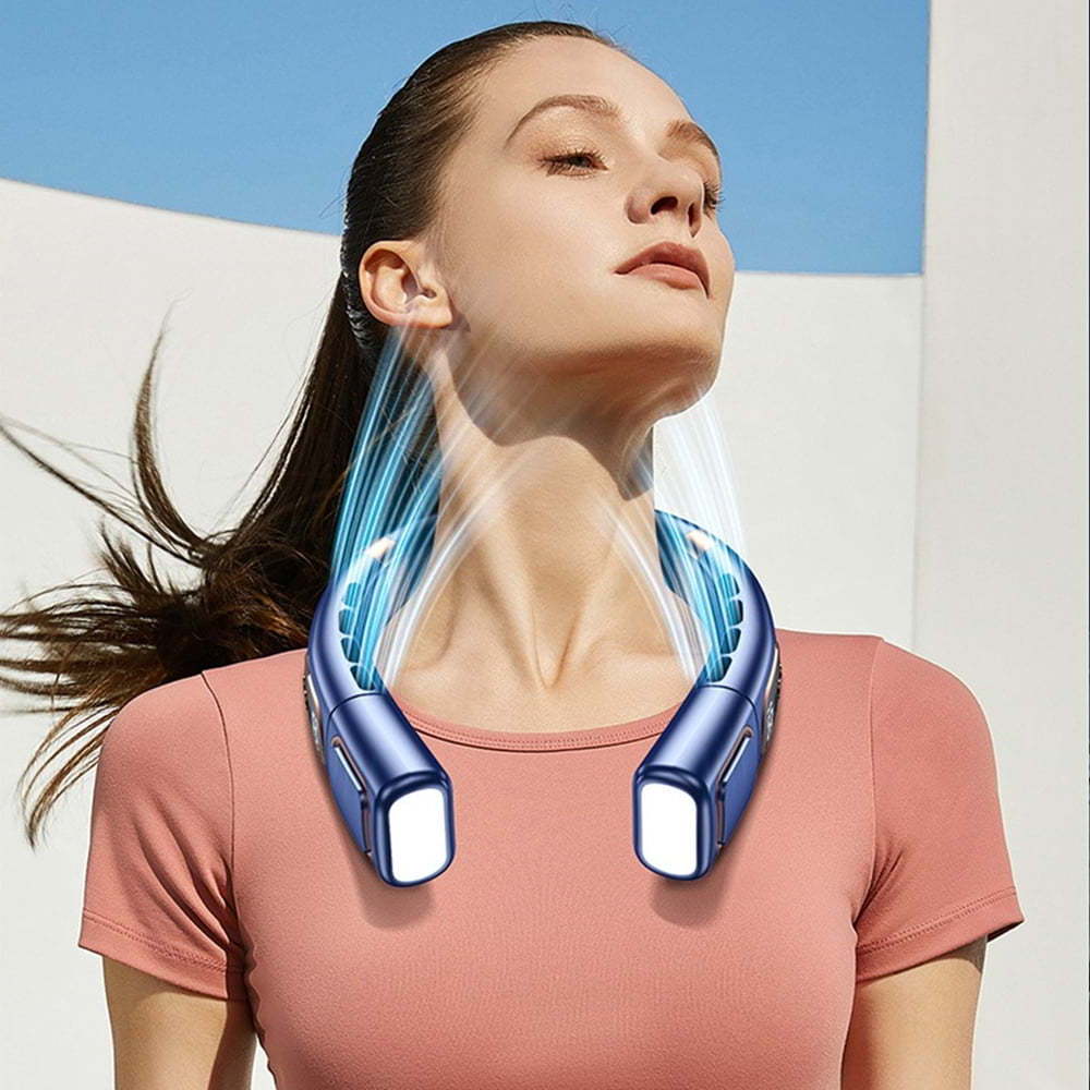 2 In 1 Mini USB Rechargeable Bladeless Portable Wearable Electric Neckband Neck Fan With Display LED Lighting For Indoor Outdoor