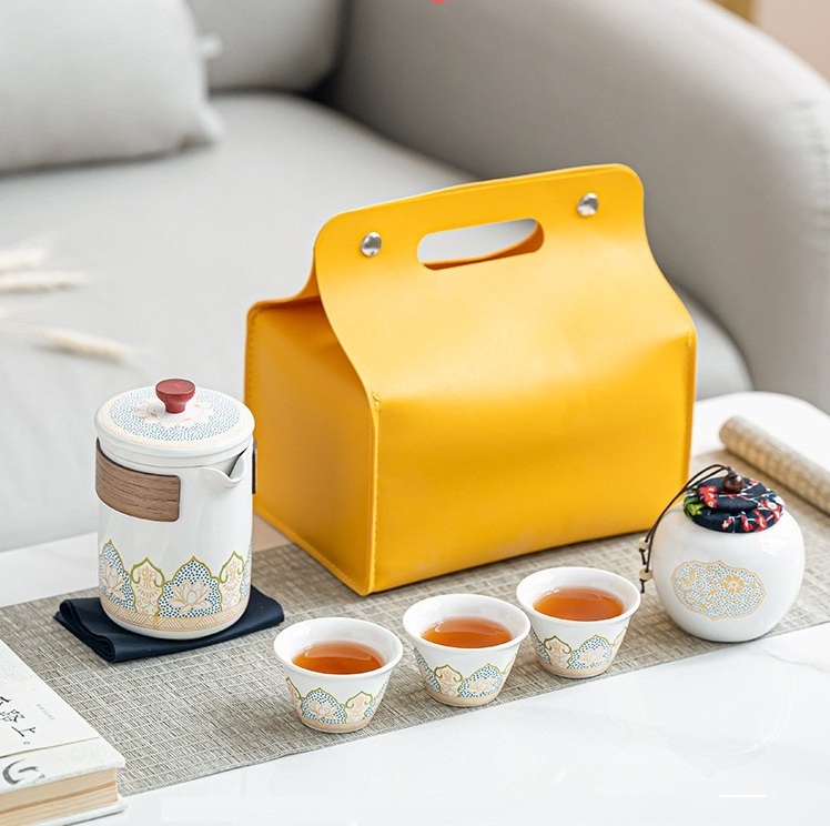 Portable Leather Tea Packaging Bag Coffee Box Tea Pot Tote Gift Bag Tea Sets Luxury Ceramic