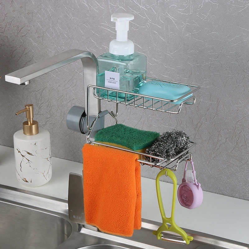 Stainless Steel Adjustable Kitchen Faucet Rack Sponge Soap Drainer Shelf Storage Holder Faucet Rack