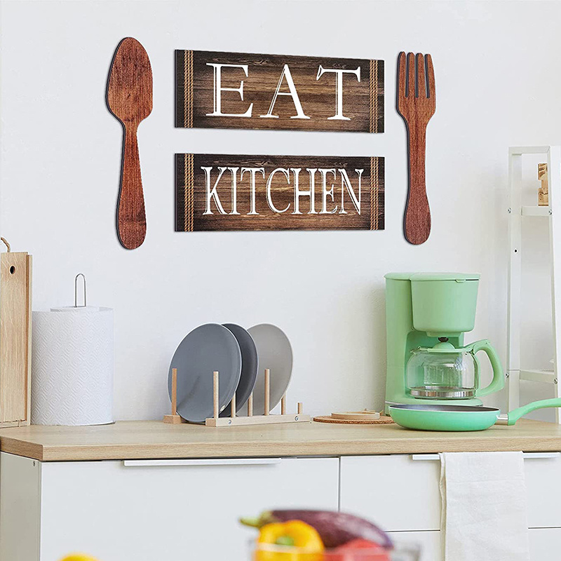 Rustic Primitive Hanging Art Sign Fork Spoon Kitchen Decoration Board Wooden Letters Alphabet Wall Decor