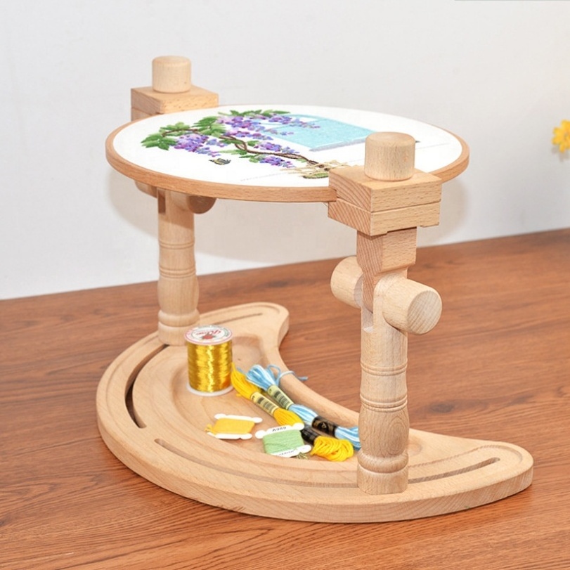 New Product Moon Bay Needlework Adjustable Cross Stitch Floor Stand 360 Degrees Rotated Beech Wood Embroidery Stand