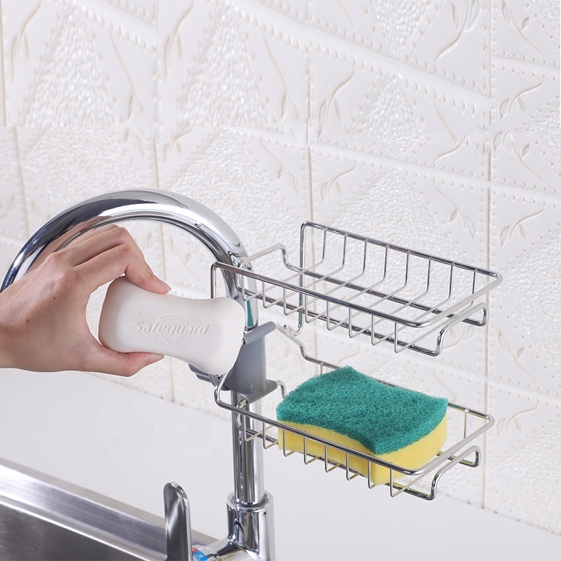 Stainless Steel Adjustable Kitchen Faucet Rack Sponge Soap Drainer Shelf Storage Holder Faucet Rack