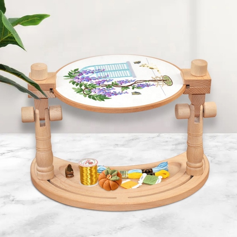 New Product Moon Bay Needlework Adjustable Cross Stitch Floor Stand 360 Degrees Rotated Beech Wood Embroidery Stand