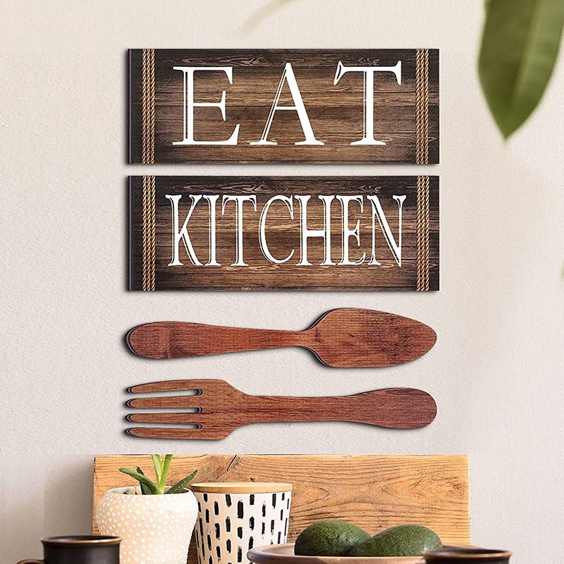 Rustic Primitive Hanging Art Sign Fork Spoon Kitchen Decoration Board Wooden Letters Alphabet Wall Decor