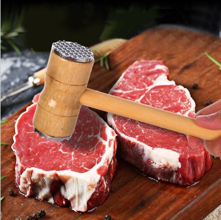 Comfortable Design Double-sided Heavy-Duty Meat Tenderizer Mallet, Meat Steak Tenderizer Hammer with Wood Handle