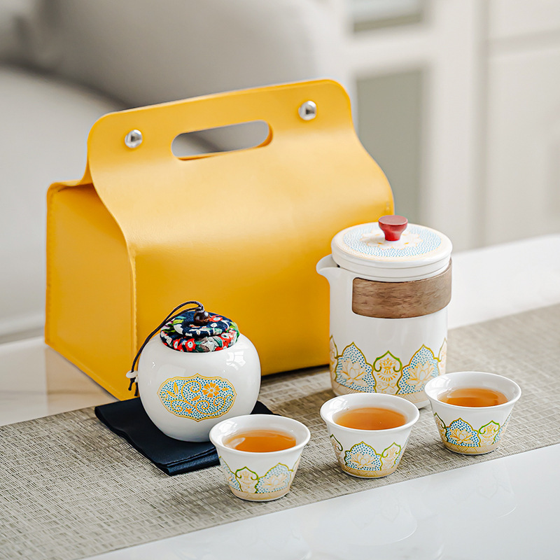 Portable Leather Tea Packaging Bag Coffee Box Tea Pot Tote Gift Bag Tea Sets Luxury Ceramic