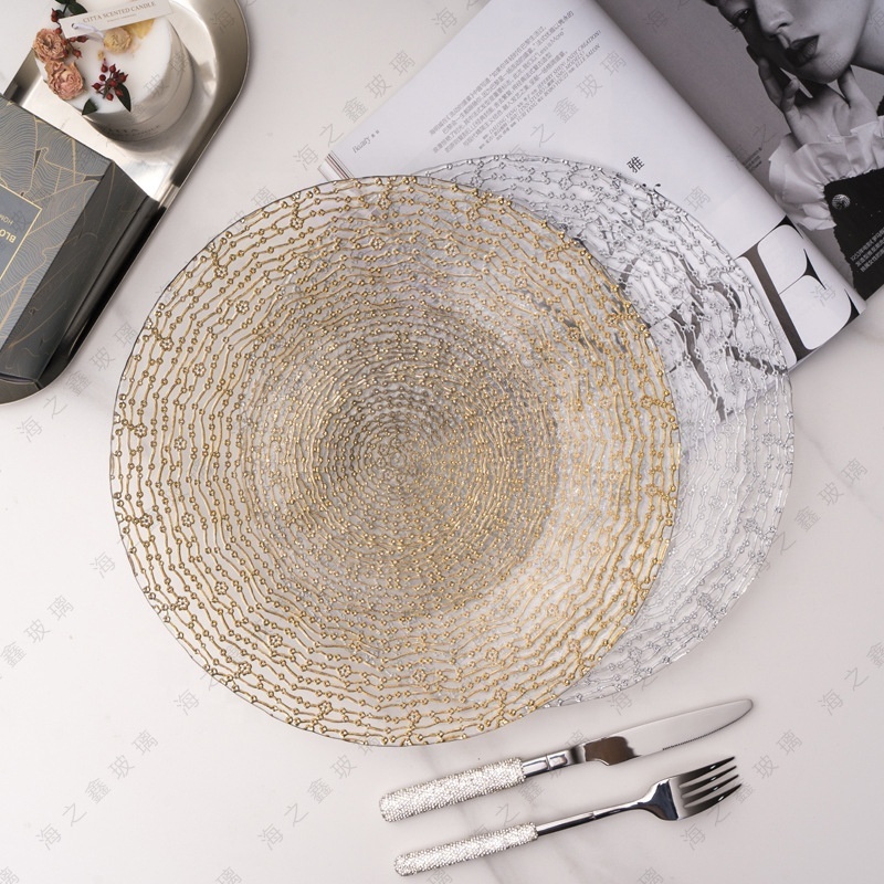 Gold embossing pattern glass charger dinner plate European creative glass dessert fruit plate for decoration