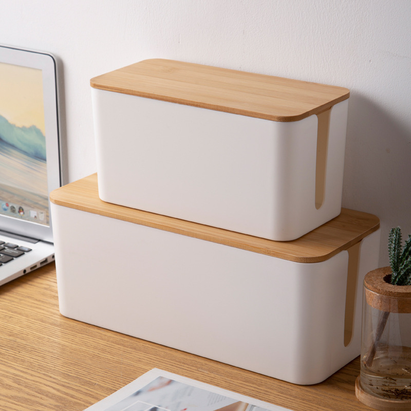 Plastic Large Cable Management Box Cord Organizer Wire Cable Storage Sox With Bamboo Lid For Desk USB Hub Hide Power Strips