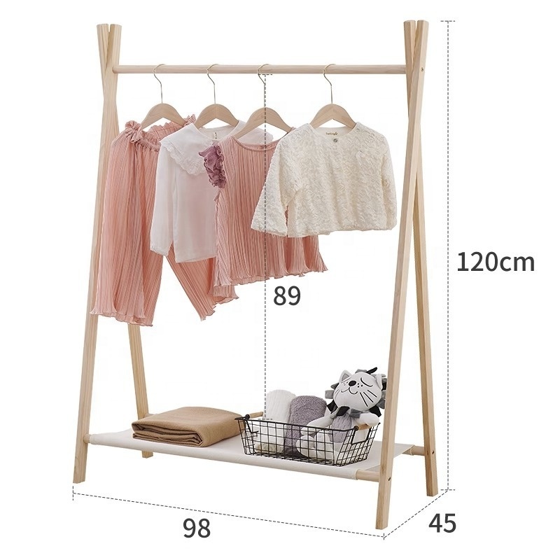 Solid Wood Free Wooden Hanger Double Wardrobe Kids Shelf Stand Clothes Hanging Rack For baby