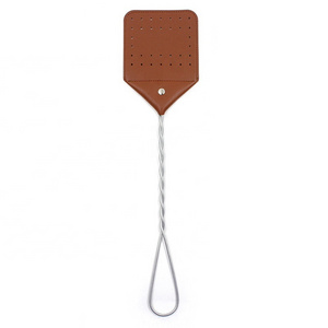 Leather Fly Swatter Manual Heavy Duty Flyswatter with Long Handle Rustic Wasp Swatter for Kitchen Home Indoor Outdoor Flies