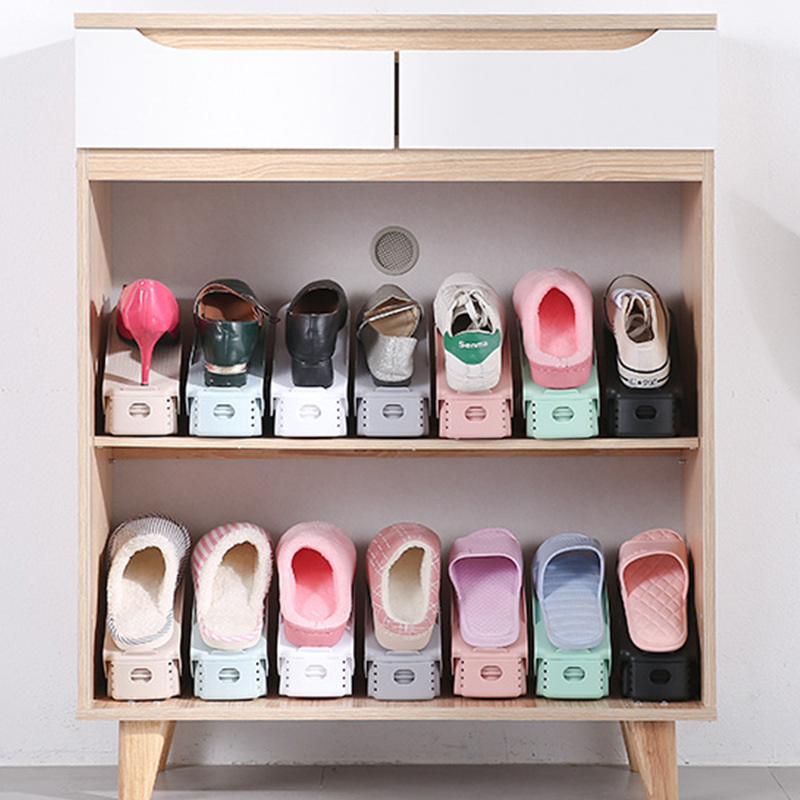 Adjustable Plastic Shoe Storage Rack Slot Space Saving Stand Double Layer Folding Shoe Rack Organizer